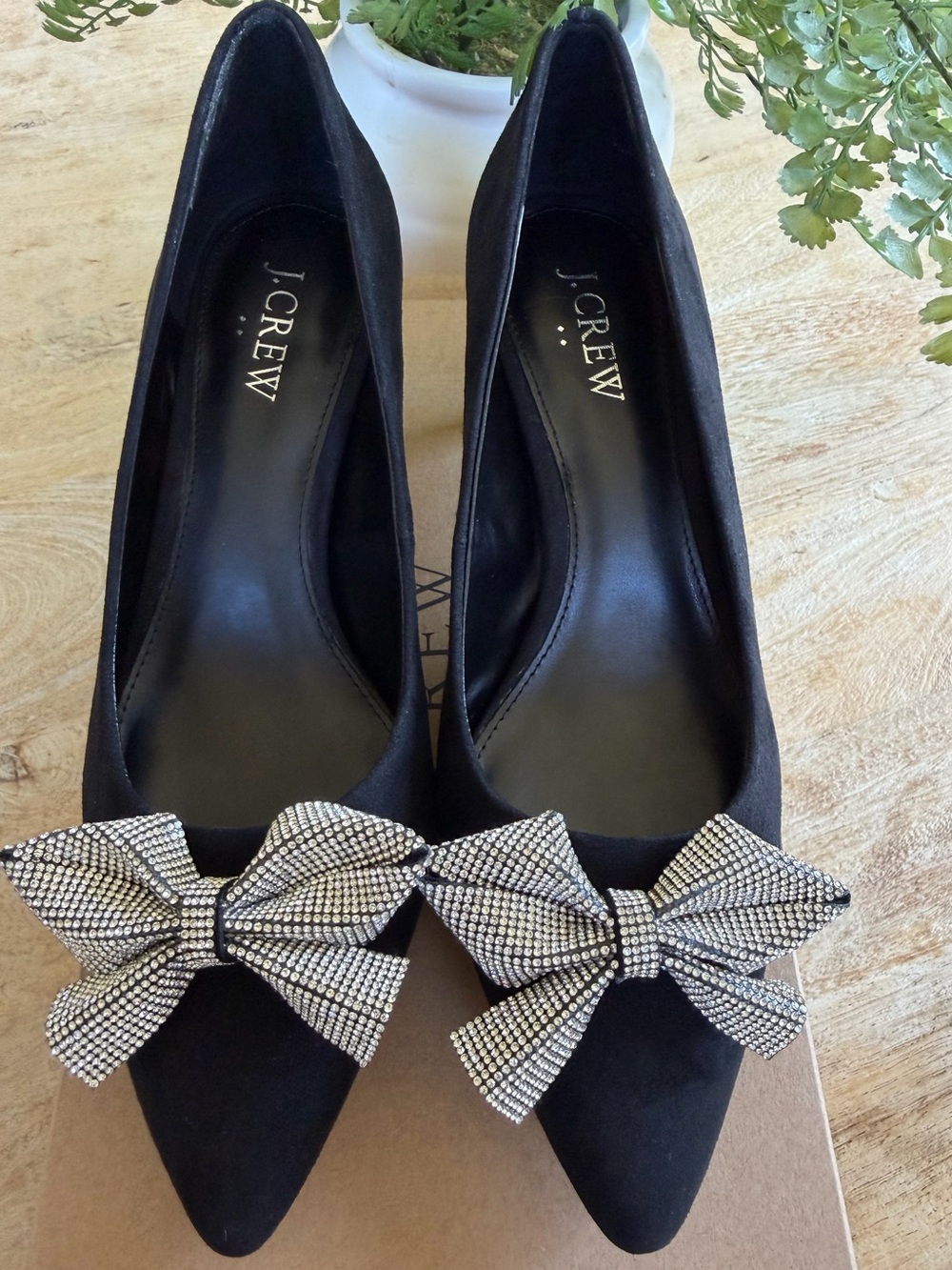 J.Crew Black Pointed Toe Pumps with Crystal Bow